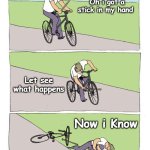 #meme | MEN ' THOUGHT; Oh i got a stick in my hand; Let see what happens; Now i Know | image tagged in memes,bike fall | made w/ Imgflip meme maker