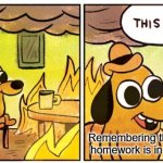 Homework In Fire | Remembering that your homework is in the fire | image tagged in memes,this is fine | made w/ Imgflip meme maker