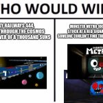 Who Would Win? Meme | GALAXY RAILWAYS 444, SPEEDING THROUGH THE COSMOS WITH THE POWER OF A THOUSAND SUNS; MONSTER METRO 100 AND 101, STUCK AT A RED SIGNAL BECAUSE SOMEONE COULDN'T FIND THEIR STATION PASS | image tagged in memes,who would win,galaxy railways,monster metro | made w/ Imgflip meme maker