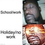 Real stuff | School/work; Holiday/no work | image tagged in memes,sleeping shaq | made w/ Imgflip meme maker