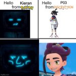Both are smug and creepy, the first one more smug, and the second more creepy. But I prefer smug to creepy. | P03; Kieran | image tagged in hello person from,memes,smug | made w/ Imgflip meme maker