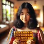 girl looking at the chocolate bar
