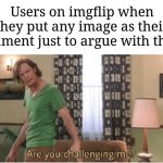 Every popular post, they start arguing. | Users on imgflip when they put any image as their comment just to argue with them: | image tagged in are you challenging me,memes,funny,why are you reading this | made w/ Imgflip meme maker