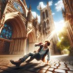 someone stumbles in front of a church