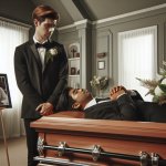 Man standing over ape in coffin