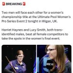 Two men fighting for women's championship title in Ultimate Pool