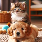 Cute kitten sitting on a puppy