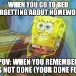 spongebob panic inside | WHEN YOU GO TO BED FORGETTING ABOUT HOMEWORK; POV: WHEN YOU REMEMBER ITS NOT DONE (YOUR DONE FOR) | image tagged in spongebob panic inside | made w/ Imgflip meme maker