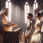 A priest saying something to couple in church