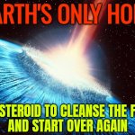 Earth's Only Hope; An Asteroid To Cleanse The Filth, And Start Over Again | EARTH'S ONLY HOPE; AN ASTEROID TO CLEANSE THE FILTH,
AND START OVER AGAIN | image tagged in asteroid,dinosaurs,humans,evolution,earth,astrology | made w/ Imgflip meme maker