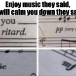 Music | Enjoy music they said, 
it will calm you down they said | image tagged in disrespectful music | made w/ Imgflip meme maker