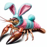 A crawfish with an Easter bunny suit