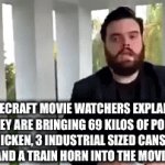 C H I C K E N J O C K E Y | MINECRAFT MOVIE WATCHERS EXPLAINING WHY THEY ARE BRINGING 69 KILOS OF POPCORN, A LIVE CHICKEN, 3 INDUSTRIAL SIZED CANS OF SILLY STRING, AND A TRAIN HORN INTO THE MOVIE THEATER: | image tagged in gifs,minecraft movie,jack black | made w/ Imgflip video-to-gif maker