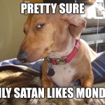 Suspicious Dog | PRETTY SURE; ONLY SATAN LIKES MONDAY | image tagged in suspicious dog | made w/ Imgflip meme maker