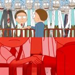 Morty and Morty shaking hands