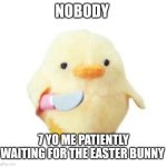 What bunny meat is good | NOBODY; 7 YO ME PATIENTLY WAITING FOR THE EASTER BUNNY | image tagged in duck with knife | made w/ Imgflip meme maker
