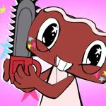 Cosmo with a chainshaw