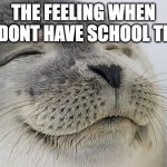 Satisfied Seal | THE FEELING WHEN YOU DONT HAVE SCHOOL TMRW | image tagged in memes,satisfied seal | made w/ Imgflip meme maker