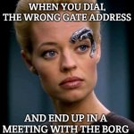 Seven of Nine Serious | WHEN YOU DIAL THE WRONG GATE ADDRESS; AND END UP IN A MEETING WITH THE BORG | image tagged in seven of nine serious,slavic lives matter,slavic stargate | made w/ Imgflip meme maker