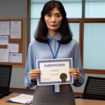 employee holding a participation certificate with a deadpan face