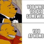 Tuxedo Winnie the Pooh grossed reverse | YOU WHEN YOU GO SOMEWERE; YOU AT HOME | image tagged in tuxedo winnie the pooh grossed reverse | made w/ Imgflip meme maker