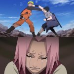 Naruto and Sasuke fighthing, Sakura crying