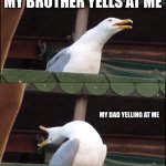 Inhaling Seagull Meme | MY SISTER YELLS AT ME; MY BROTHER YELLS AT ME; MY DAD YELLING AT ME; MY MOM ON HER PERIOD YELLING AT ME | image tagged in memes,inhaling seagull | made w/ Imgflip meme maker