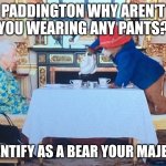 Queen and Paddington | PADDINGTON WHY AREN'T YOU WEARING ANY PANTS? I IDENTIFY AS A BEAR YOUR MAJESTY. | image tagged in queen and paddington | made w/ Imgflip meme maker