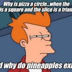 .. | Why is pizza a circle...when the box is a square and the slice is a triangle? And why do pineapples exist? | image tagged in memes,futurama fry | made w/ Imgflip meme maker