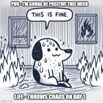 "This is fine" dog sitting in a room engulfed in flames. The dog | POV - I'M GONNA BE POSITIVE THIS WEEK; LIFE - THROWS CHAOS ON DAY 1 | image tagged in this is fine dog sitting in a room engulfed in flames the dog | made w/ Imgflip meme maker