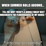 it scares the living daylights out of me | WHEN SUMMER ROLLS AROUND... TELL ME WHY THERE'S A WHOLE WASP NEST UNDERNEATH THE FLOORBOARDS OF MY HOUSE 💀 | image tagged in private internal screaming | made w/ Imgflip meme maker