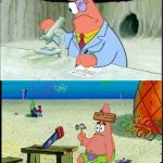 mobile games suck | MOBILE GAME COMPANIES MAKING CLICKBAIT ADS; MOBILE GAME COMPANIES MAKING THE ACTUAL GAME | image tagged in patrick smart dumb,mobile game ads,mobile games,gaming | made w/ Imgflip meme maker