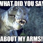 Jurassic Park meme  | WHAT DID YOU SAY ABOUT MY ARMS! | image tagged in jurassic park meme | made w/ Imgflip meme maker