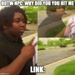 um good bye | BOTW NPC: WHY DID YOU YOU HIT ME; LINK: | image tagged in disappearing | made w/ Imgflip meme maker
