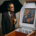 Man staring at painting in coffin