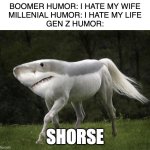SHORSE | BOOMER HUMOR: I HATE MY WIFE
MILLENIAL HUMOR: I HATE MY LIFE
GEN Z HUMOR:; SHORSE | image tagged in shorse | made w/ Imgflip meme maker