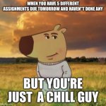 Chill guy | WHEN YOU HAVE 5 DIFFERENT ASSIGNMENTS DUE TOMORROW AND HAVEN"T DONE ANY; BUT YOU'RE JUST  A CHILL GUY | image tagged in chill guy | made w/ Imgflip meme maker