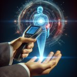 Una mano che si avvicina a uno scanner palmare futuristico, con