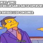 Pathetic | GAMERS: "OMG! $80 DOLLAR GAMES ARE SO EXPENSIVE!
 
THE AVERAGE LEGO CONSUMER: | image tagged in pathetic | made w/ Imgflip meme maker