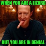 Lizardberg | WHEN YOU ARE A LIZARD; BUT YOU ARE IN DENIAL | image tagged in lizardberg,mark zuckerberg,shapeshifting lizard,lizard,lizards,criminal | made w/ Imgflip meme maker