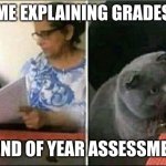Black Cat and Teacher | ME EXPLAINING GRADES; ON END OF YEAR ASSESSMENTS | image tagged in black cat and teacher | made w/ Imgflip meme maker