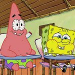 Spongebob and Patrick trying not to laugh