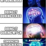 Expanding Brain | DOING MY HOMEWORK; DOING IT DURING CLASS; DOING IT DURING MY CH; CONVINCING THE TEACHER YOU HANDED IT IN AND THEY LOST IT; AN INTELLECTUAL: | image tagged in memes,expanding brain | made w/ Imgflip meme maker
