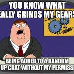 Peter Griffin News Meme | YOU KNOW WHAT REALLY GRINDS MY GEARS? BEING ADDED TO A RANDOM GROUP CHAT WITHOUT MY PERMISSION. | image tagged in memes,peter griffin news | made w/ Imgflip meme maker
