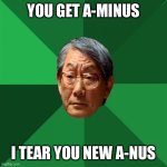 High Expectations Asian Father | YOU GET A-MINUS; I TEAR YOU NEW A-NUS | image tagged in memes,high expectations asian father,asians | made w/ Imgflip meme maker