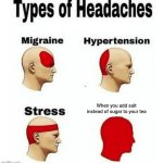 „Bulleh! What did I just put in my mouth?” I said calmy after drinking the tea. | When you add salt instead of sugar to your tea | image tagged in types of headaches meme,tea,salt,sugar,disgusting | made w/ Imgflip meme maker