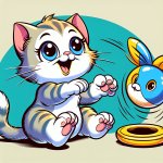 Cute kitten playing with the toy which colours are blue and yell