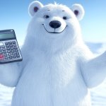 polar bear smiling and holding a calculator