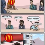 Boardroom Meeting Suggestion | Alright team we need to find someway to overprice the food; Make it 20! Make it 50! Keep it the same. CUSTOMERS; CUSTOMERS | image tagged in memes,boardroom meeting suggestion | made w/ Imgflip meme maker