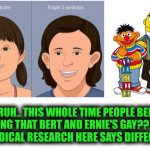Funny | BRUH.. THIS WHOLE TIME PEOPLE BEEN SAYING THAT BERT AND ERNIE'S GAY?? NO.. 
THE MEDICAL RESEARCH HERE SAYS DIFFERENT B. | image tagged in funny,i diagnose you with gay,bert and ernie,medical,wrong,answers | made w/ Imgflip meme maker